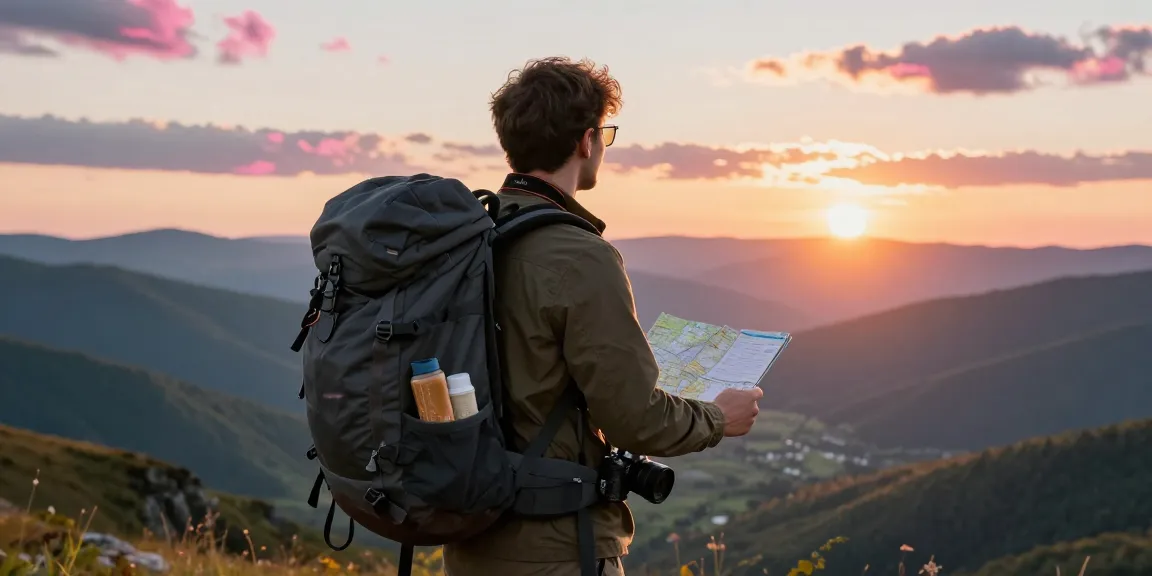 Pemandangan indah di Rusia saat matahari terbenam dengan wisatawan memegang peta dan tas ransel, menggambarkan kemudahan bayar menggunakan https://payinrussia.com/.