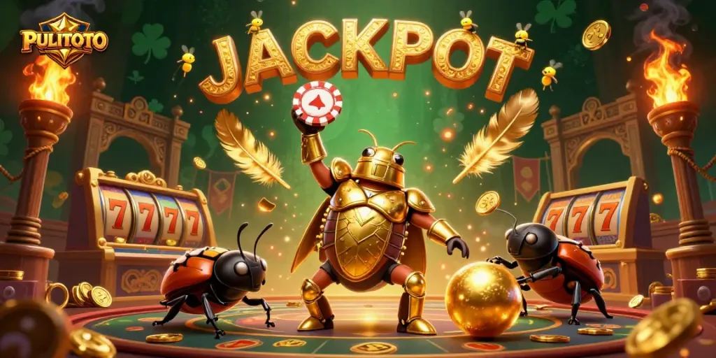 PULITOTO boosts excitement with a victorious beetle character lifting poker chips in a vibrant casino scene.