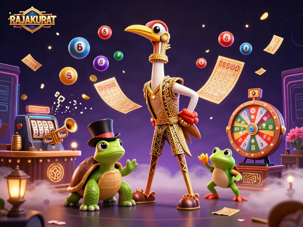 Engage with RAJAAKURAT's vibrant slot scene featuring a dancing crane, top-hat turtle, and trumpet-playing frog.