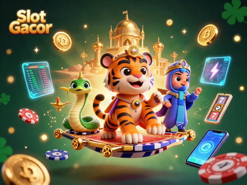 Spin the reels at Slot Gacor with vibrant 3D characters amid sparkling casino elements.