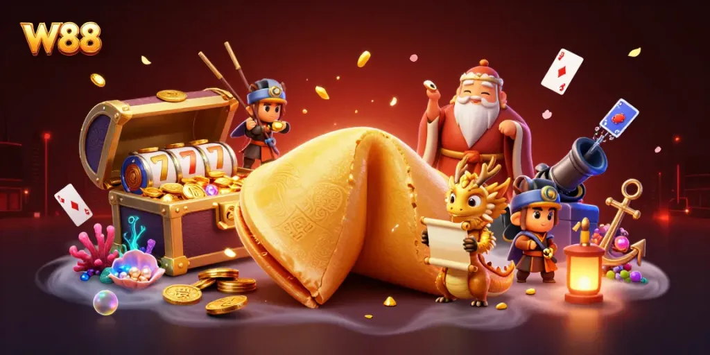 Engage with W88's vibrant casino world featuring adventurous characters and slot elements.