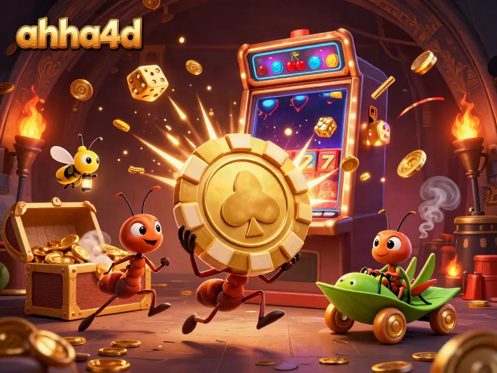 Experience thrilling gaming adventures with AHHA4D, where playful ants heist golden poker chips amidst dynamic slot scenes.