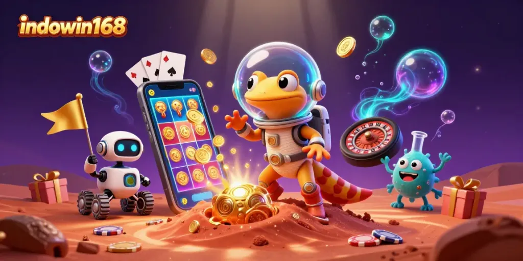 Engage in thrilling gaming fun with indowin168 illustrated by a Martian gecko in a cosmic casino.
