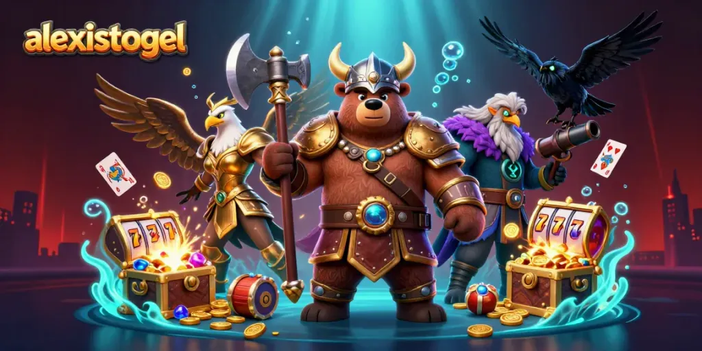 Gambarkan alexistogel dengan ilustrasi kasino yang penuh warna dan detail 3D di dalam dunia perjudian.