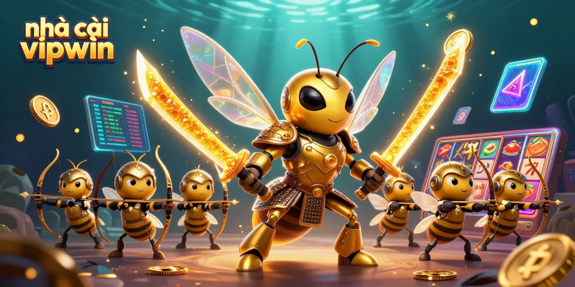 Experience nhà cái vipwin's vibrant slot adventure with golden hornet samurai and bee archers amidst crypto elements.