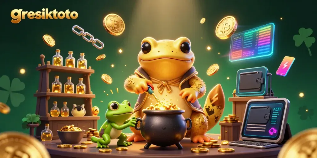 Menangkan permainan di gresiktoto dengan ilustrasi kasino 3D yang menampilkan alkemis dan fitur crypto.