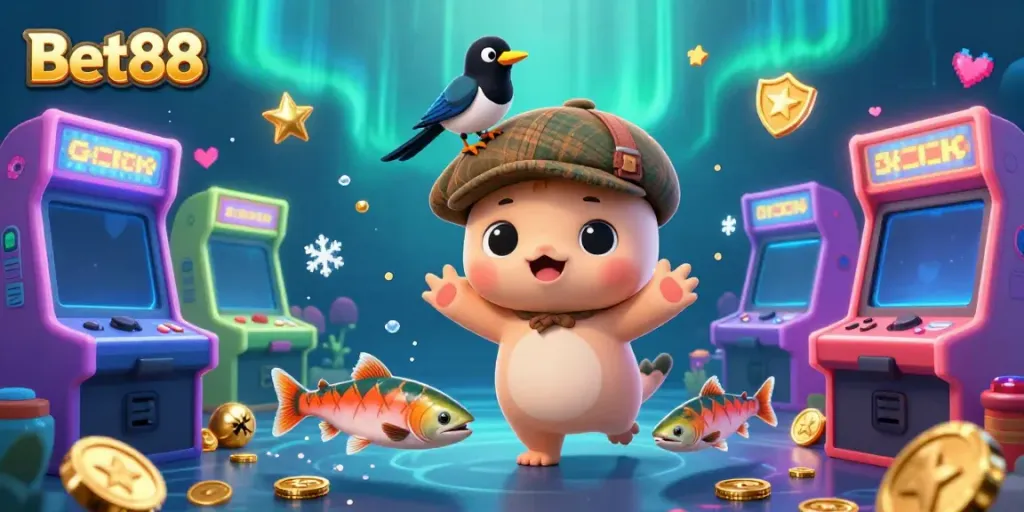 Experience Bet88 with a charming Nessie and magpie in a vibrant underwater casino illustration.