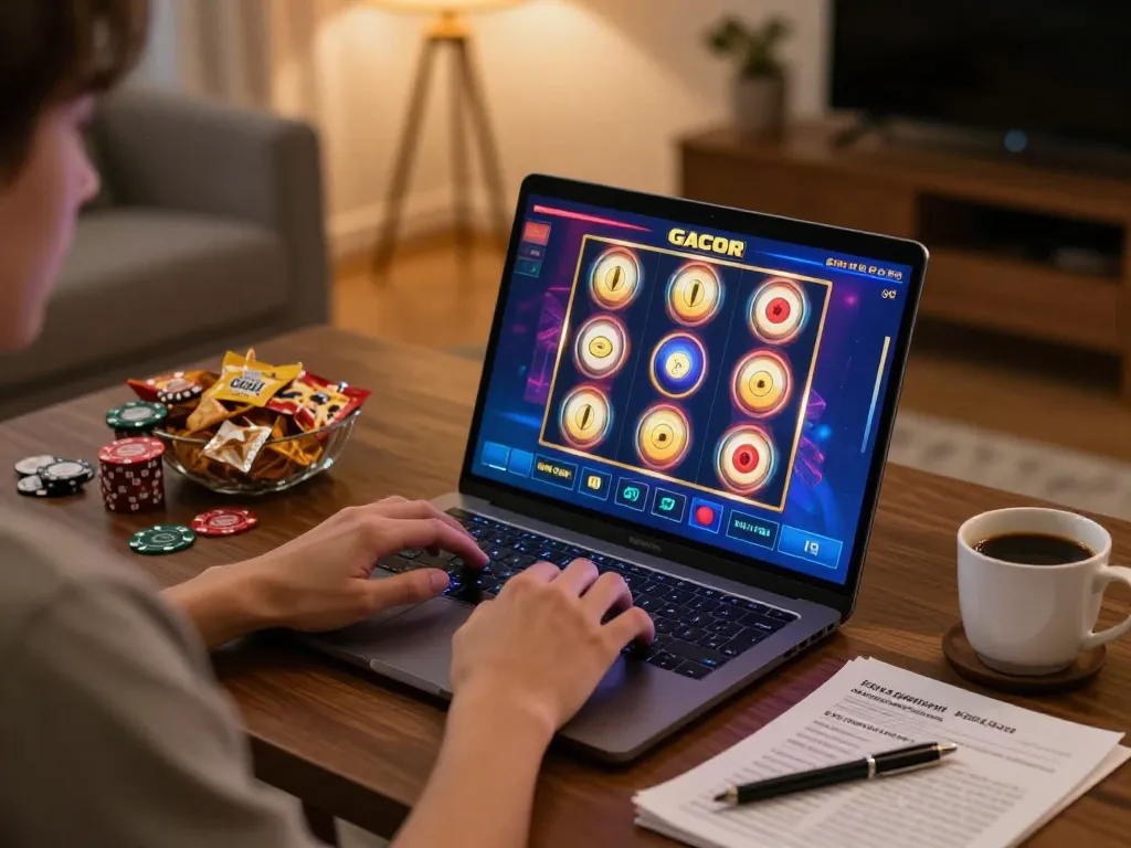 Player enjoying slot gacor online on laptop, surrounded by snacks, showcasing engaging gaming environment