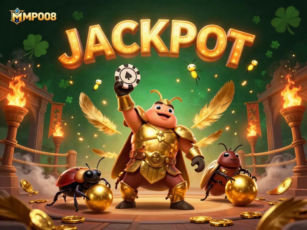 MPO08 celebrates victories in online gaming with vibrant, detailed 3D illustration featuring beetles, poker chips, and a jackpot theme.