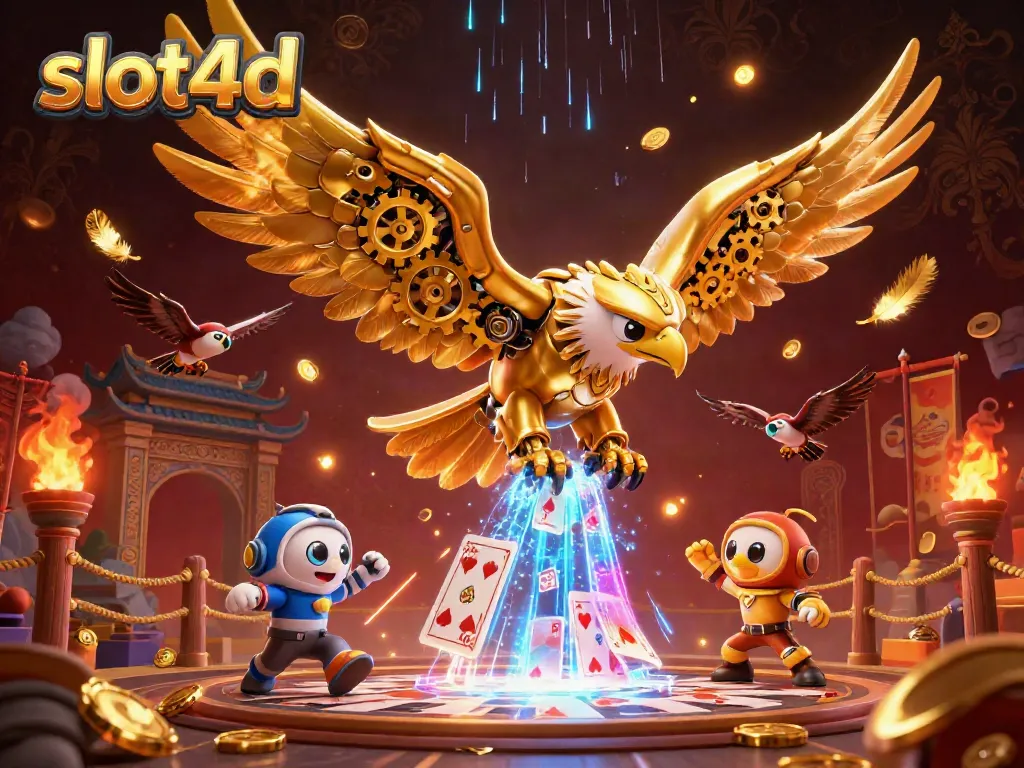 Experience thrilling action with slot4d featuring a cybernetic eagle flying through holographic cards.