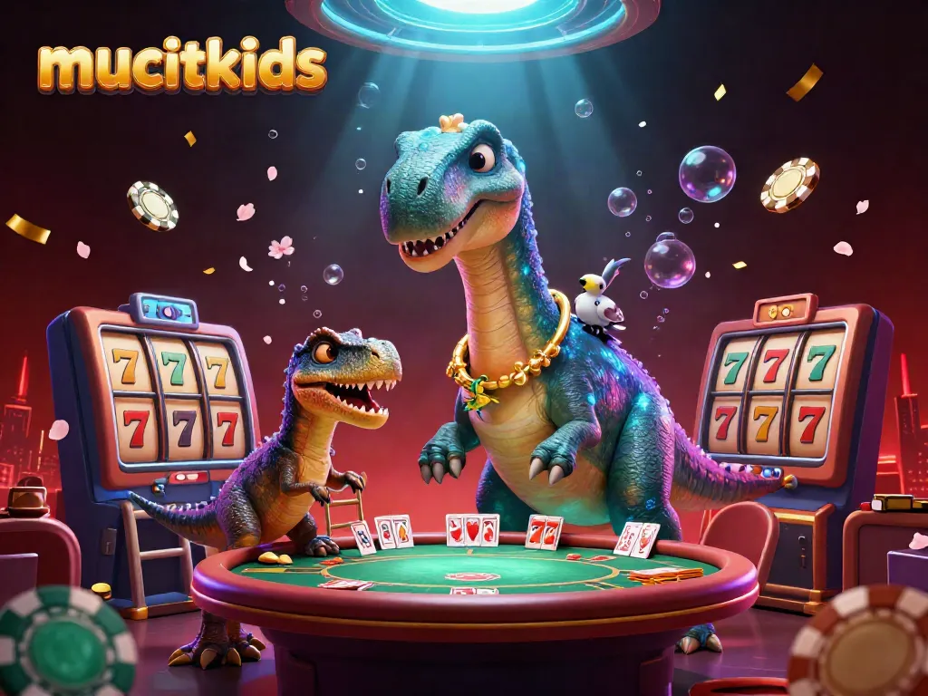 Aktivitas permainan di mucitkids dengan karakter kartun di sebuah kasino virtual yang penuh warna.