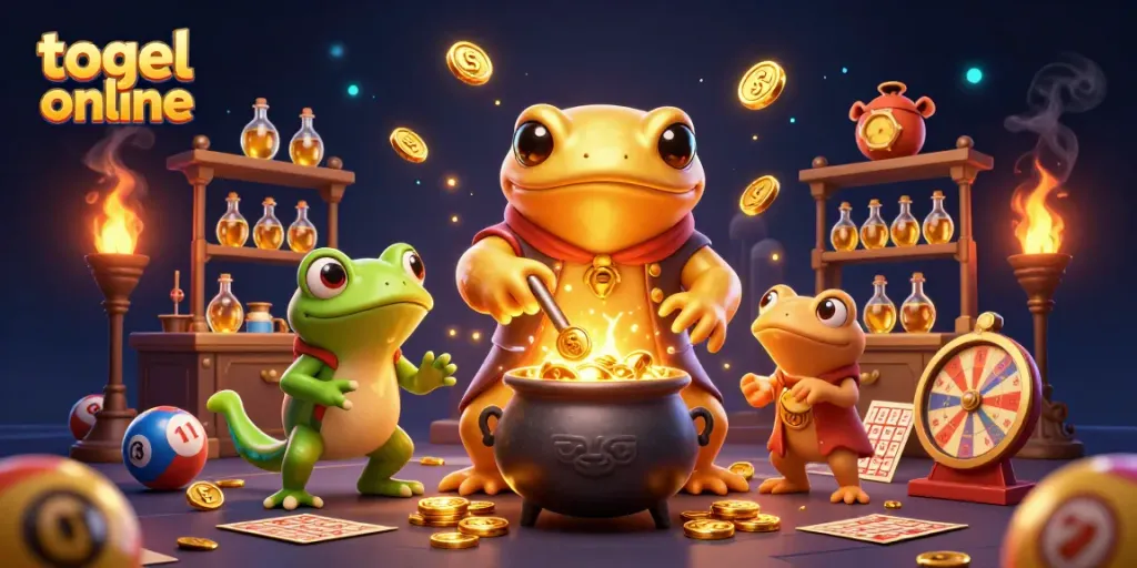 Togel online menampilkan salamander alkemis emas raksasa dengan naga hijau yang sedang meramu elixirs dalam ilustrasi 3D