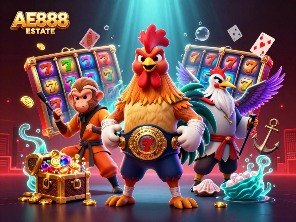 Engage with AE888 ESTATE's exciting slot games featuring vibrant jackpot reels and dynamic characters.