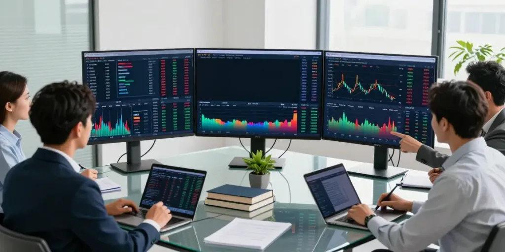 MEXC US Stocks analysis in a modern trading workspace with diverse professionals engaging with real-time market data.