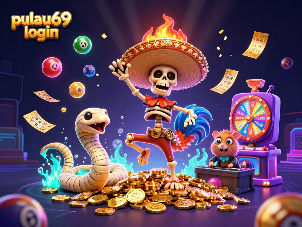 Experience exciting wins with pulau69 login, featuring a vibrant 3D casino scene and energetic characters.