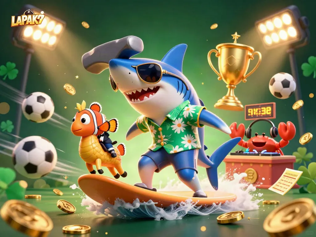 LAPAK99 engages players with a dynamic scene featuring a surfing hammer-head shark and vibrant sports elements.