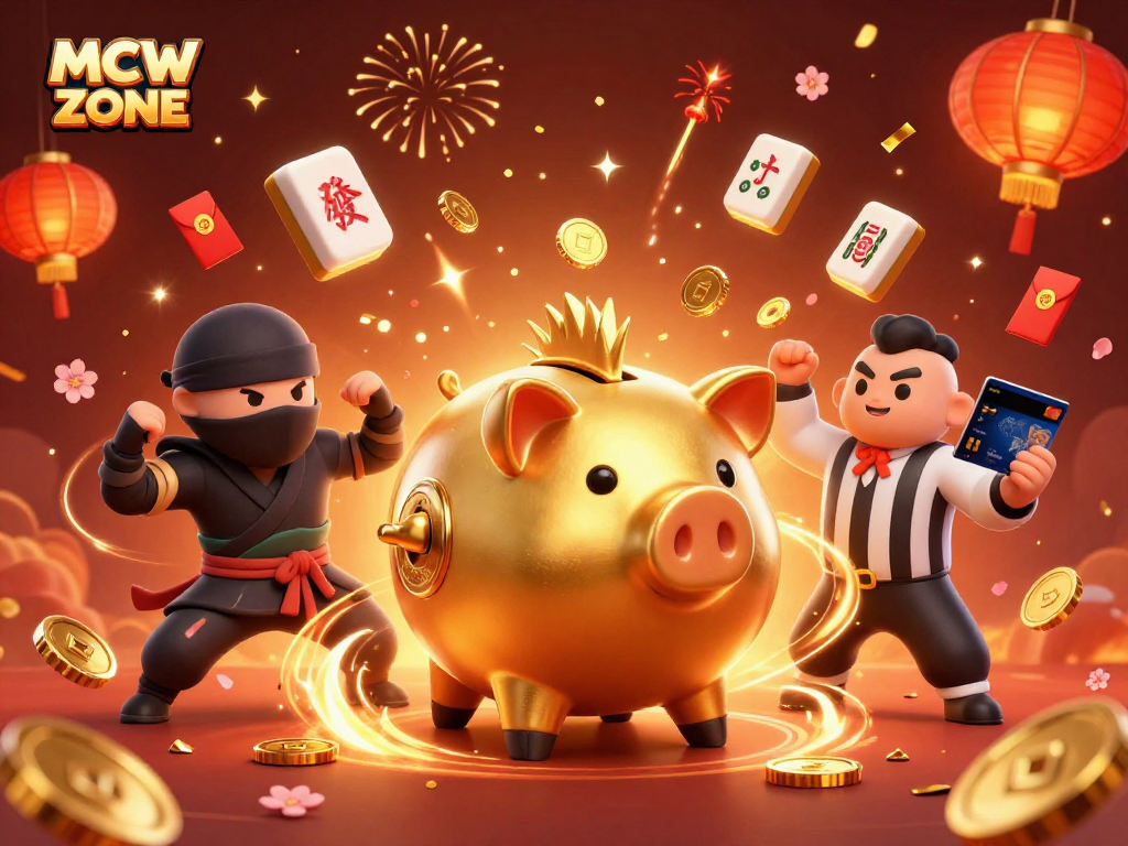 Engage with MCW ZONE in a vibrant 3D casino scene featuring dynamic characters and gold coins.
