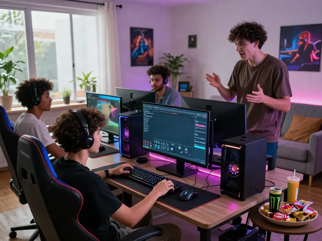 Friends enjoying unsurtoto in a vibrant gaming setup with snacks and LED lights.