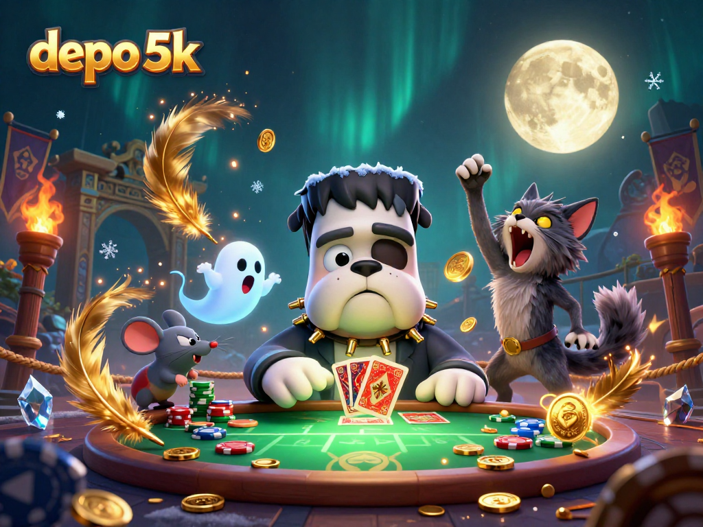Engage with depo 5k as the Frankenstein bulldog deals cards at a mystical casino.