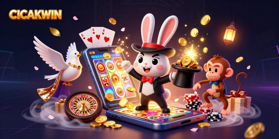 CICAKWIN magic with a rabbit pulling coins, engaging casino elements, and vibrant characters.