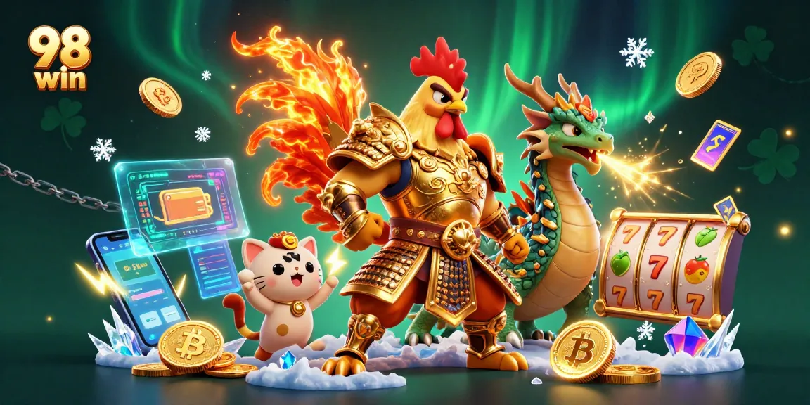 Experience thrilling action with 98 win in this dynamic 3D cartoon illustration featuring a warrior rooster and dragon!