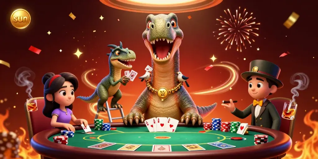 Experience thrilling poker action under the sun with towering dinosaurs in this vibrant casino scene.