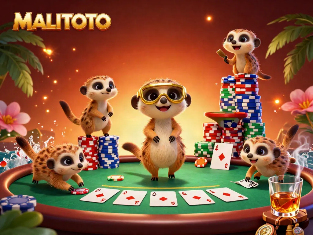 MALITOTO meerkats run a vibrant casino operation with poker tables and colorful chips, showcasing online gaming excitement.