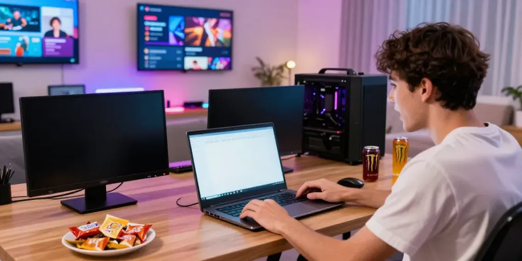 Engaged player exploring AHHA4D Lotto options on multiple screens in a lively gaming setup.