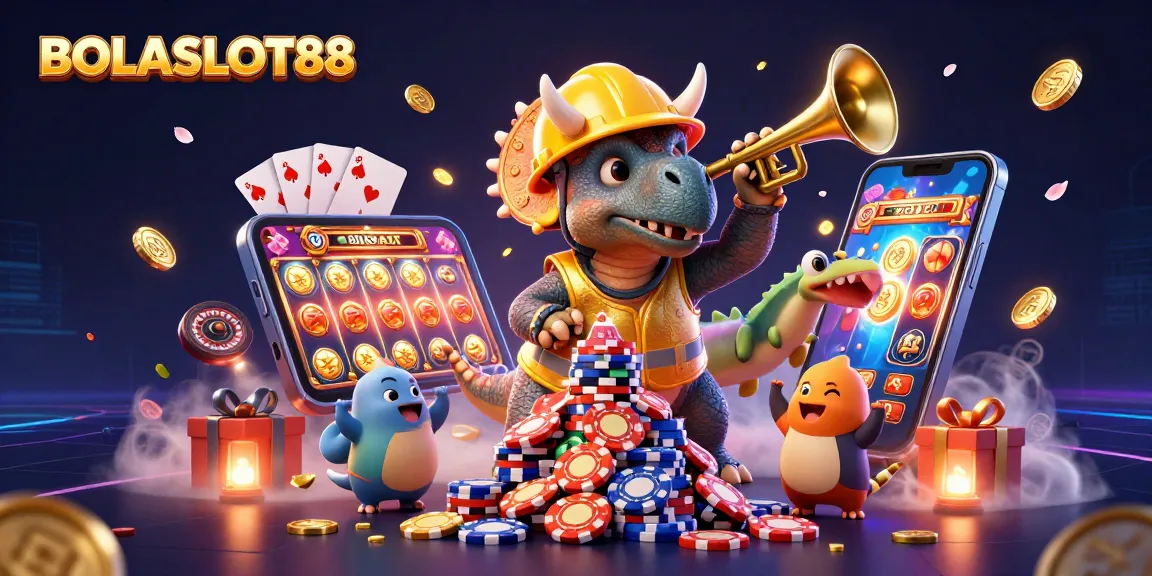 BOLASLOT88 menunjukkan keceriaan saat triceratops dan parasaurolophus merayakan kemenangan dengan tumpukan chip poker.
