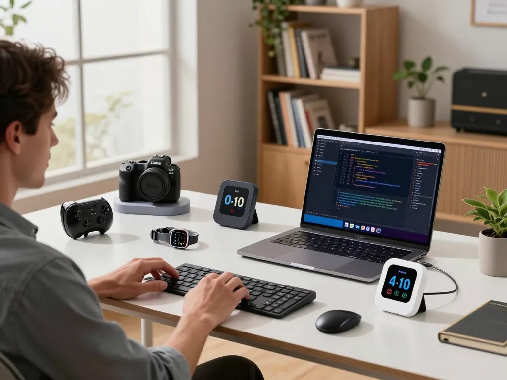 Innovative tech gadgets including a Bluetooth controller, smartwatch, and keyboard in a modern workspace.