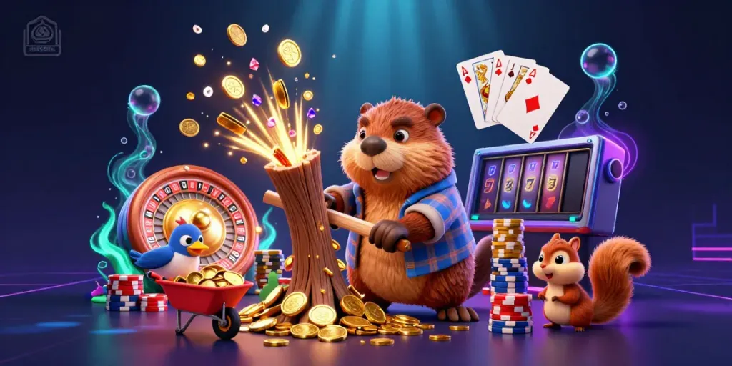 Experience the thrilling world of QH88TS with a charming beaver collecting coins in a vibrant casino scene.
