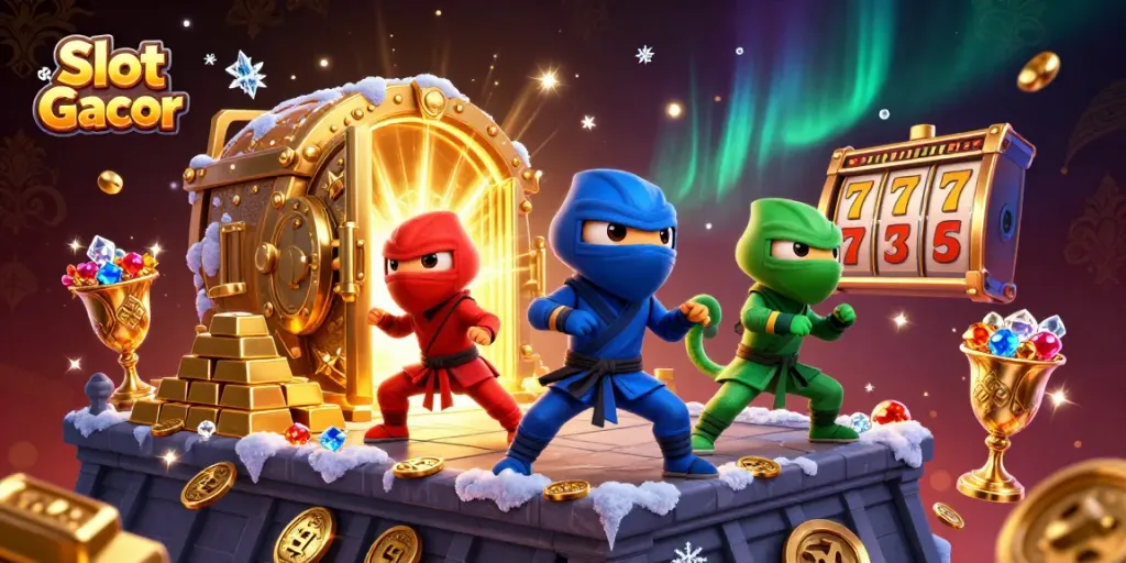 Visualisasi menarik Slot Gacor dengan ninja chameleon dan elemen slot berkilau untuk permainan kasino.