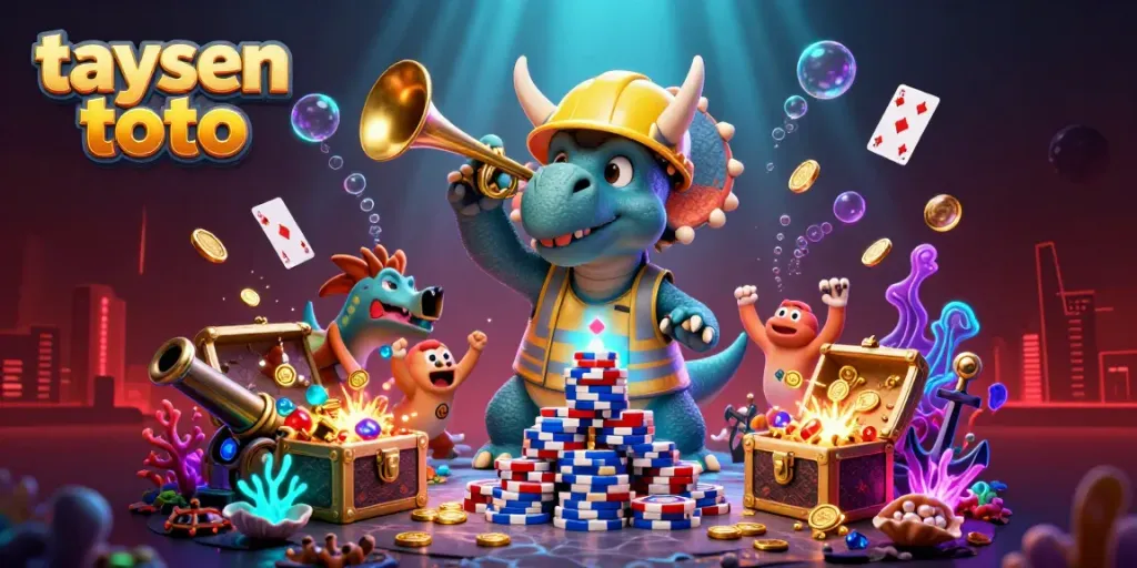 Experience taysen toto excitement with cheerful dinosaur characters in a rich casino scene.