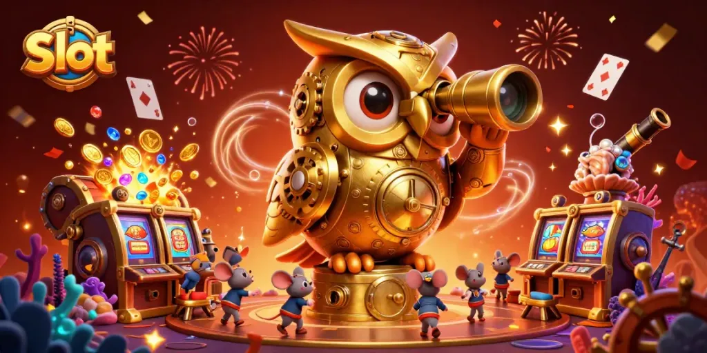 Tampilkan slot paling gacor dengan karakter burung hantu berwarna emas dan tikus kecil bersaing untuk meraih jackpot di kasino.