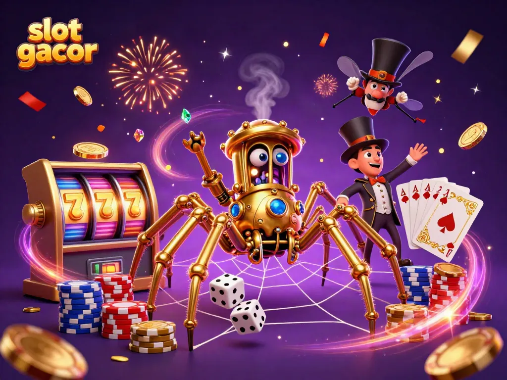 Slot gacor dalam ilustrasi 3D menampilkan laba-laba steampunk dan dadu sial.