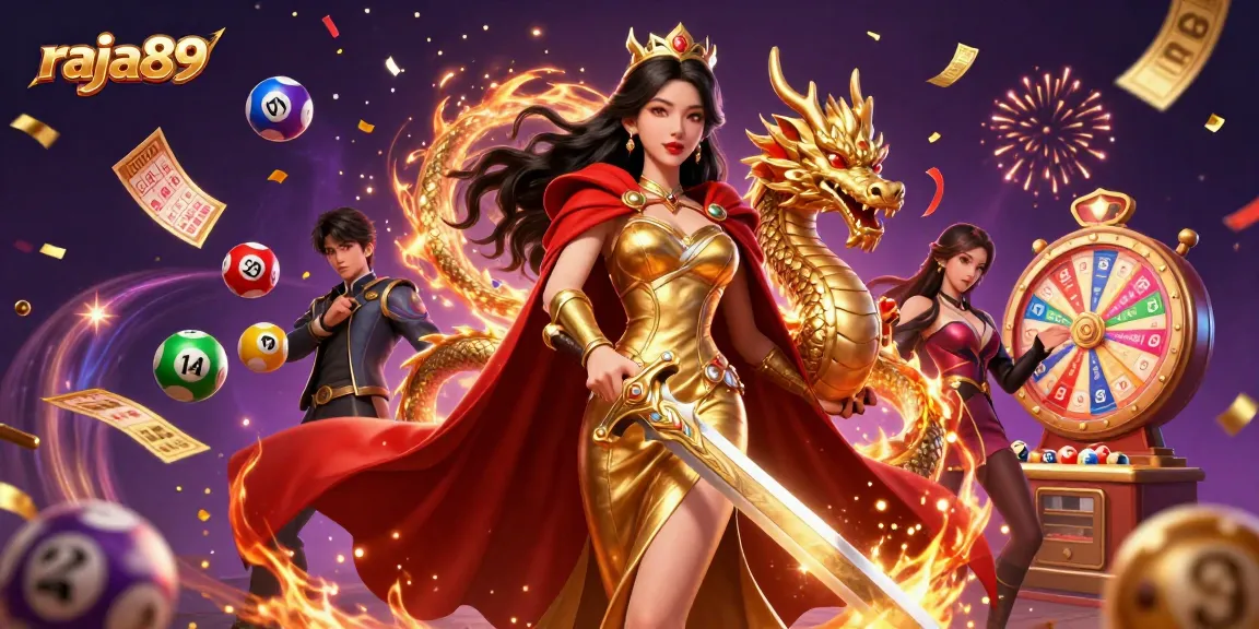 Engage with raja89's vibrant casino world featuring a warrior queen and golden dragon.