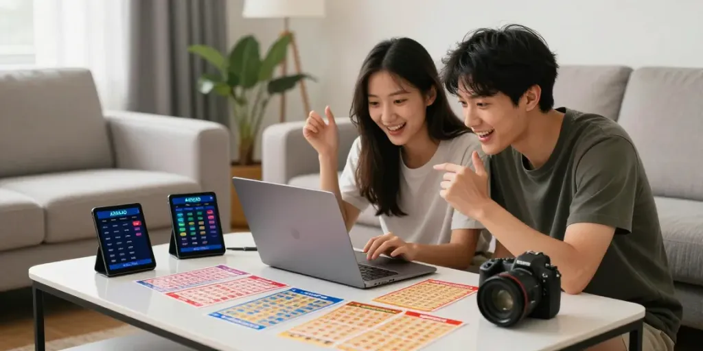 Suasana bermain togel di AHHA4D dengan pasangan muda yang antusias dan tiket togel berwarna-warni.
