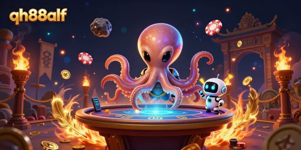 Engage with qh88alf in an interactive poker scene featuring an alien octopus and dynamic gaming elements.