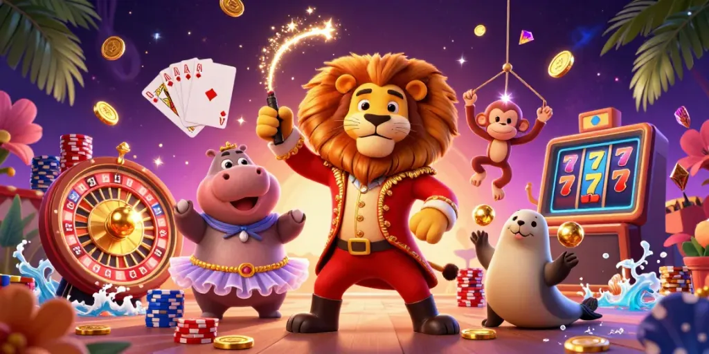 LUCUBET features a vibrant casino scene with a cartoon lion ringmaster and dynamic game elements amidst a magical atmosphere.