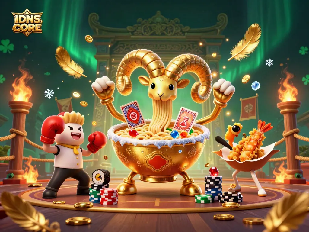IDNSCORE offers premium online gaming, showcasing a dynamic casino scene filled with vibrant characters and action.