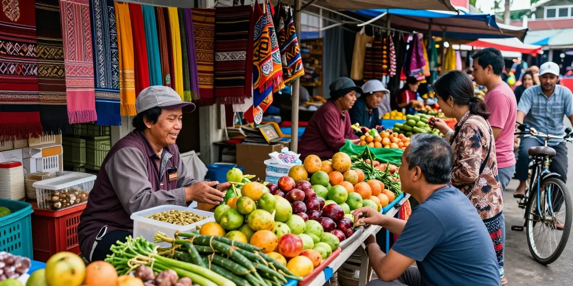 Pasar lokal di Sakarya dengan aktivitas Leci123, pedagang menawarkan buah dan sayur segar.