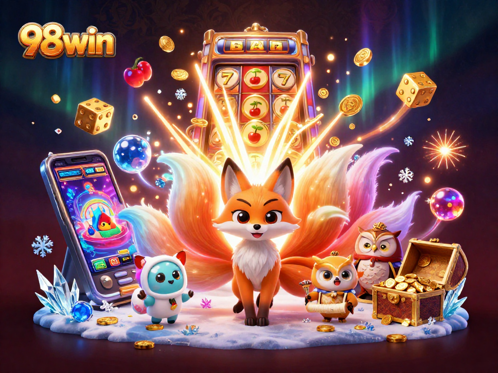 Experience thrilling gaming moments with 98win, vibrant 3D illustration of casino elements.