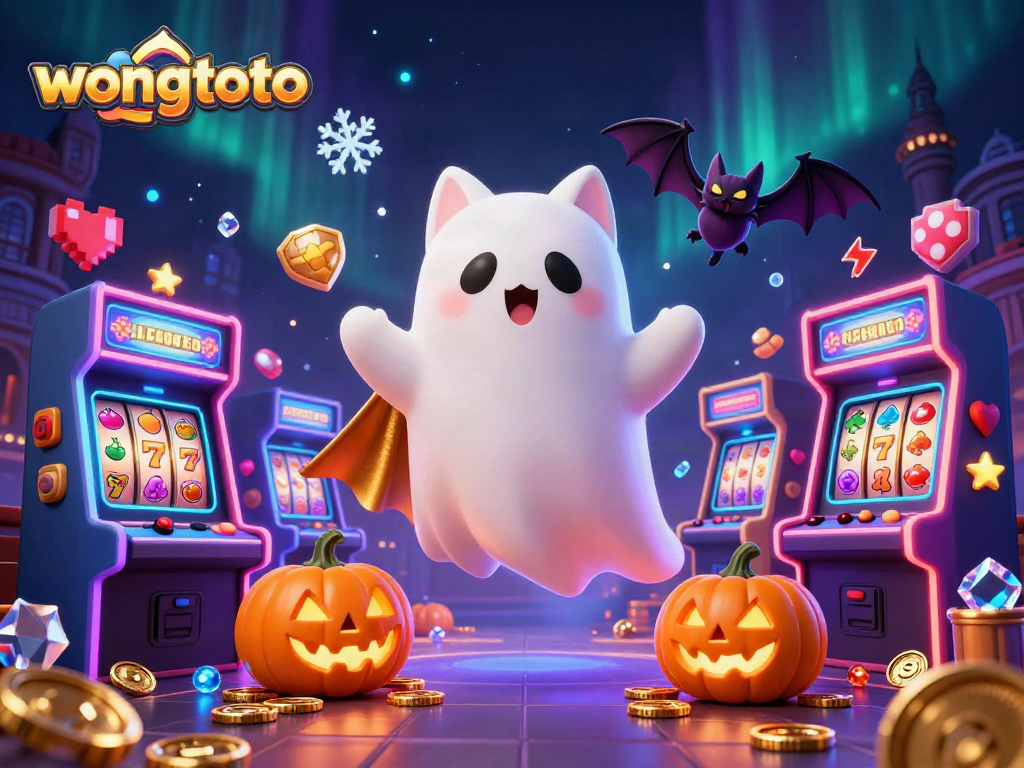 Experience the magic of wongtoto in this haunted casino scene with a ghost cat, vampire bat, and glowing poker jack-o-lanterns.
