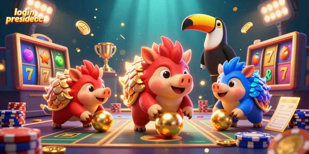 Game-winning action at login presidencc with pangolins, slots, and golden trophies.