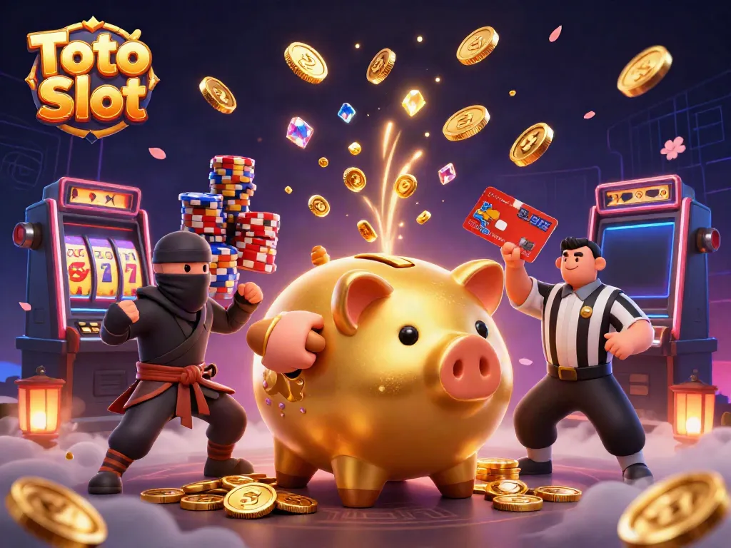Gambarkan Toto Slot dengan sumo bank piggy emas, ninja dompet, dan wasit kartu kredit yang aktif di kasino.