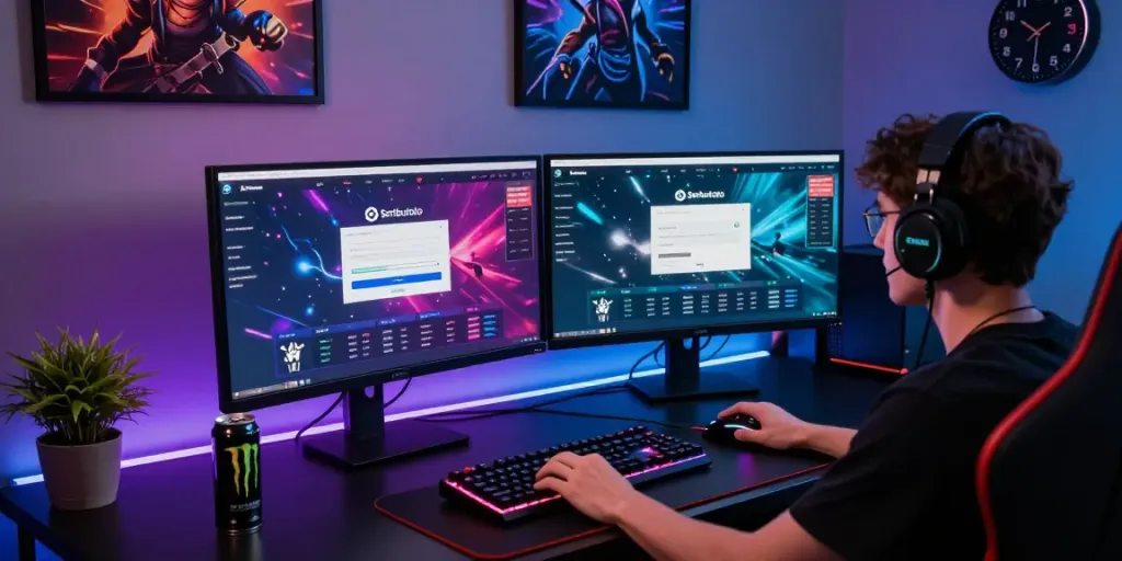 Engaging Seributoto Login interface displayed on dual monitors in a modern gaming setup, showcasing online betting excitement.