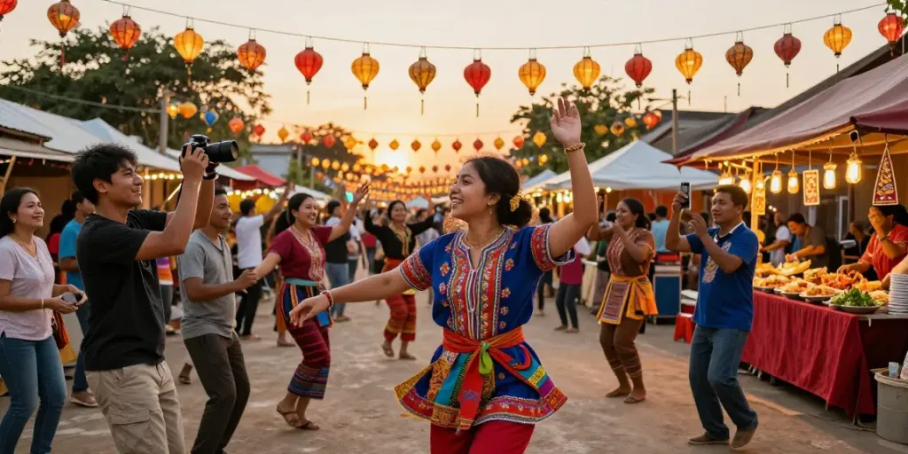 Pengunjung festival budaya menari dengan semangat, menunjukkan nuansa natunatoto.