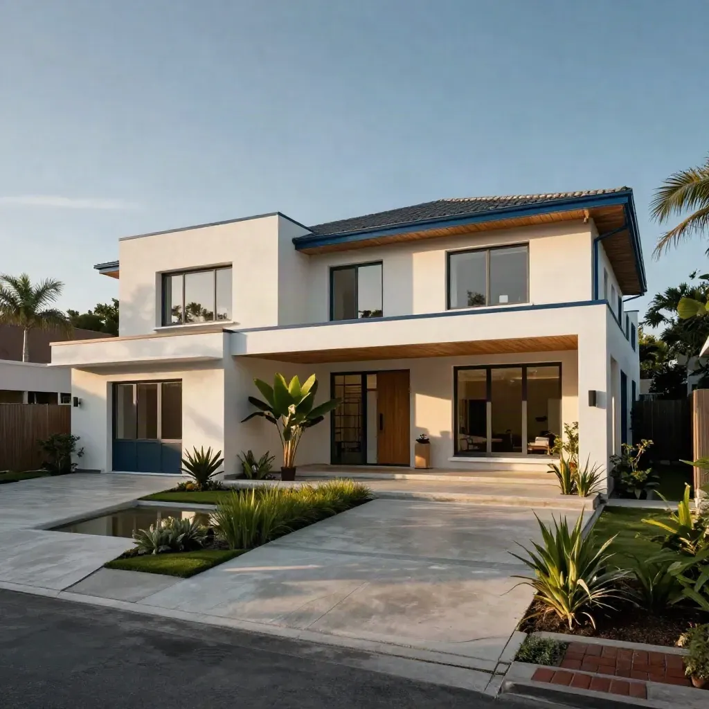 Rumah tapak dua lantai dengan fasad pale render, teras tanam, dan cahaya pagi berkabut.