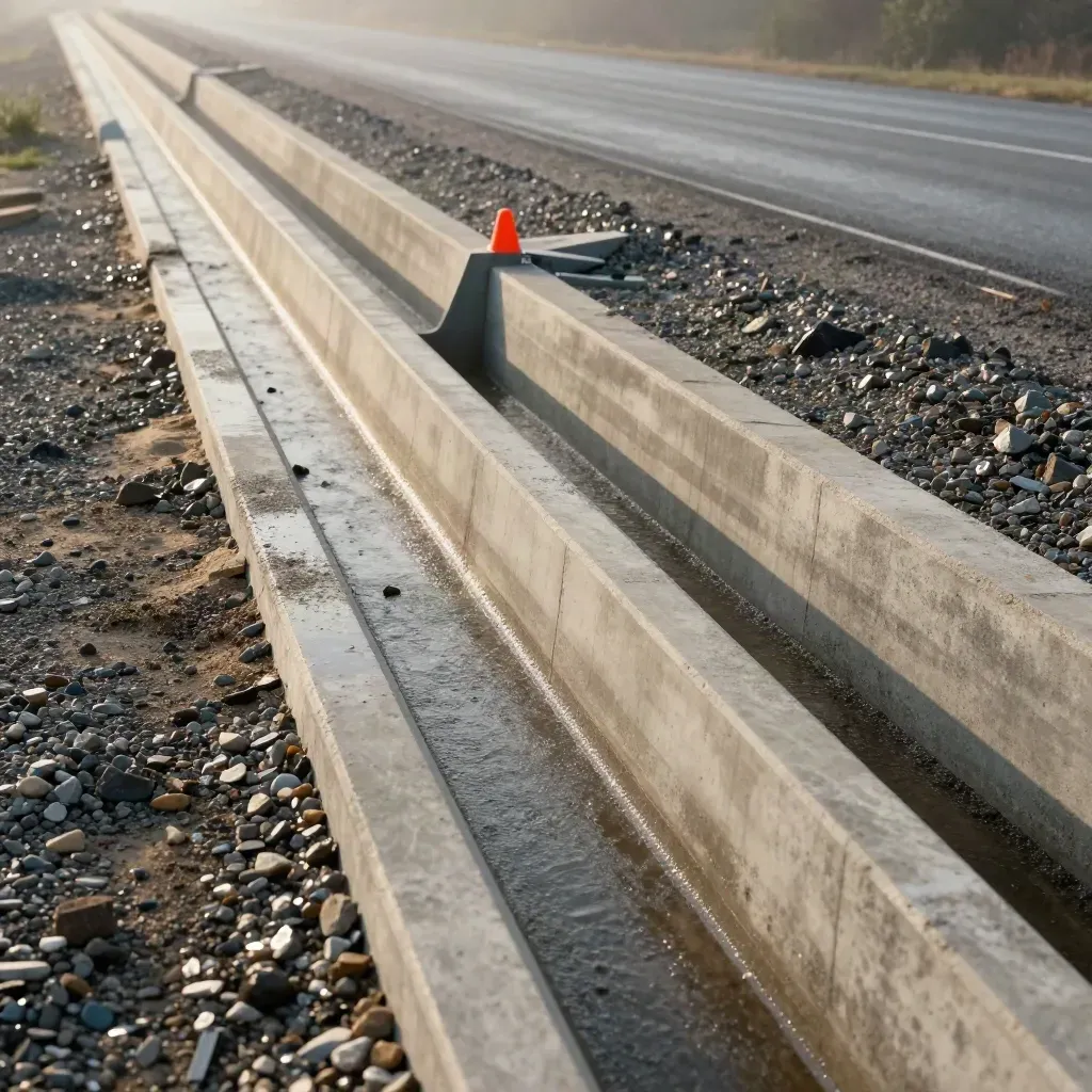 Saluran drainase beton pracetak di tepi jalan, air mengalir di atas kerikil basah.