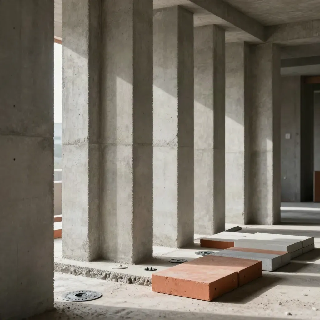 Kolom beton sejajar dengan blok sampel dan penanda cek mutu di interior proyek setengah jadi.